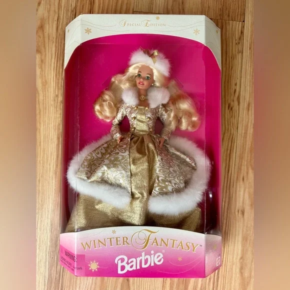 Mattel | Toys | Barbie Winter Fantasy Blonde Hair Gold Dress White Fur Nib  | Poshmark